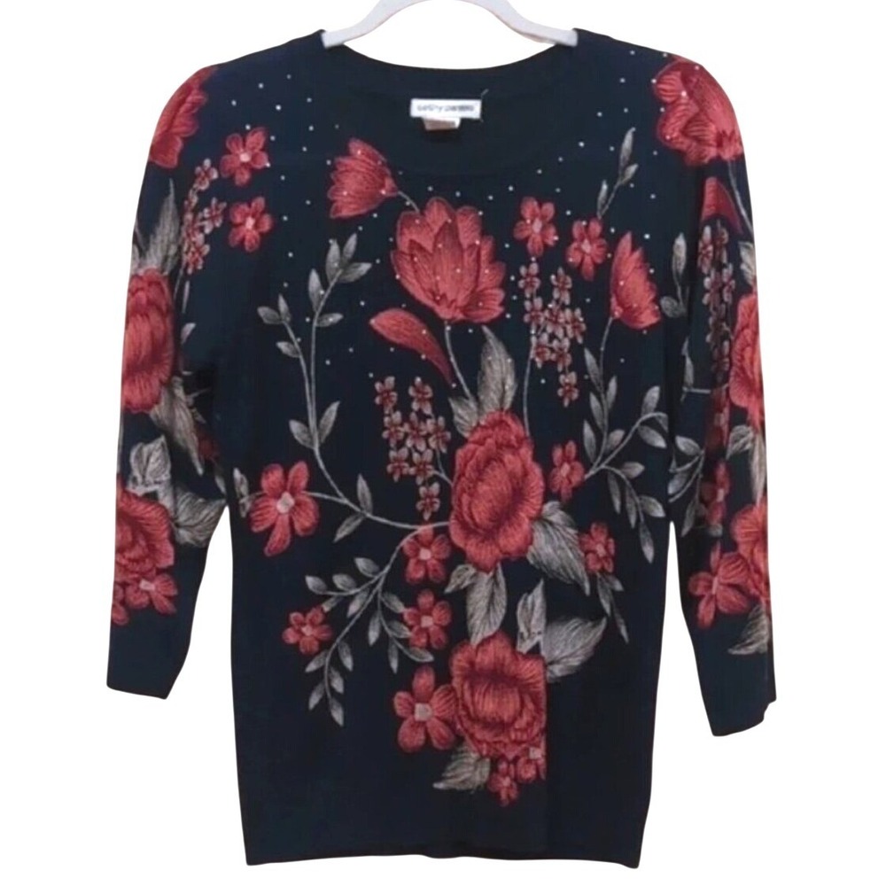 Cathy Daniels Floral Embroidered Sweater Navy Blue Rhinestone Womens Small